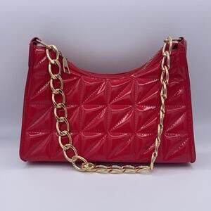 SHEIN Red Quilted Patent Shoulder Bag with Gold Chunky Chain Glossy Purse
